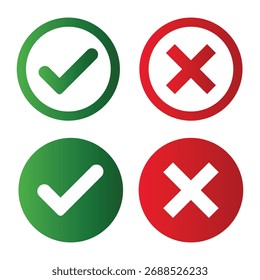 Botão de ícone de marca de seleção definido. Ícone de caixa de seleção com botões corretos e errados e ícones de marca de seleção sim ou não na caixa de marcação verde e na cruz vermelha. Símbolo de marca de seleção isolada, conceito de sinal certo e errado.