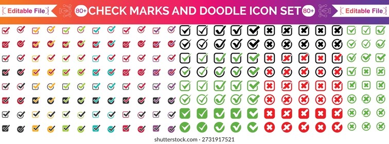 Botão de ícone de marca de seleção definido. Ícone de caixa de seleção com botões corretos e errados e ícones de marca de seleção sim ou não na caixa de marcação verde e na cruz vermelha. Símbolo de marca de seleção isolada, conceito de sinal certo e errado.