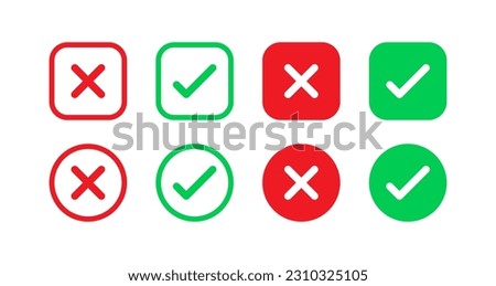 check mark icon button set. check box icon with right and wrong buttons and yes or no checkmark icons in green tick box and red cross. vector illustration