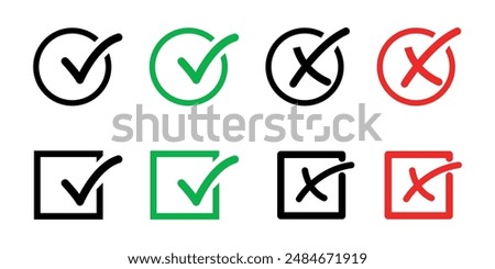 Check mark icon button set. check box icon with right and wrong buttons. Yes and no checkmark icons in green tick box and red cross.