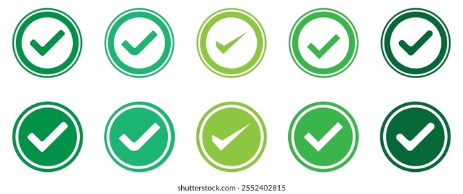 Check mark icon button with various color. Tick in a circle on a white background. check box icon with right buttons and yes mark icons in green tick box, vector illustration