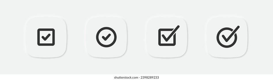 Markierungssymbol überprüfen. Ein Häkchen in Kreis und Quadrat Symbol. Zeckenschilder. Symbole der rechten Auswahltaste. Korrigieren Sie die Symbole der Checkliste. Vektor-Einzelzeichen.