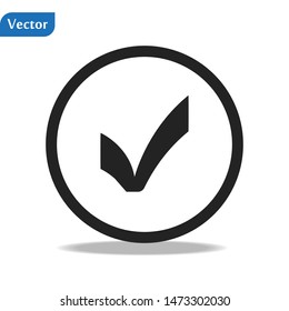 Check mark icon in a circle. Tick symbol in black color, vector illustration.