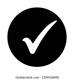 Check mark icon in a circle. White tick symbol in black circle, vector illustration.