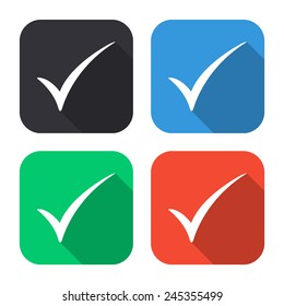 check mark icon - colored illustration (gray, blue, green, red) with long shadow