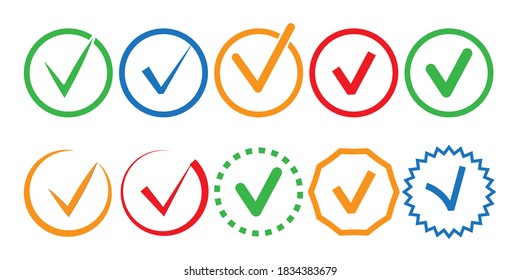 Check mark icon. Control tick for the checklist. Colored markers in circles. Vector illustration.