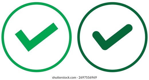 Check mark icon, correct, accept icons tick box checked with green circle. Approve symbol. Checkmarks and confirm. Round checkmark.