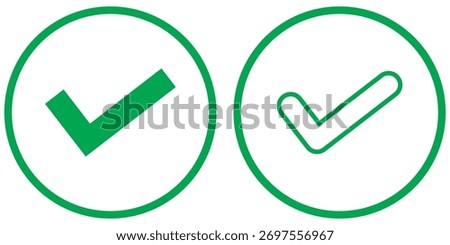 Check mark icon, correct, accept icons tick box checked with green circle. Approve symbol. Checkmarks and confirm. Round checkmark.