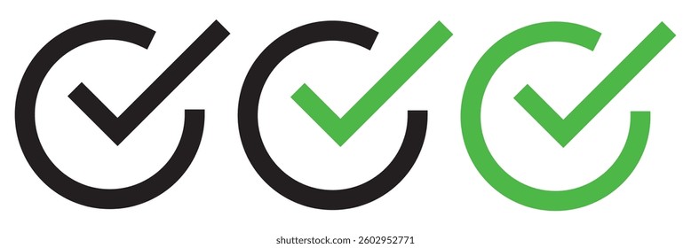 Check mark icon. correct, right, accept, approved, choose, confirm, test, vote, yes symbol vector on white background.