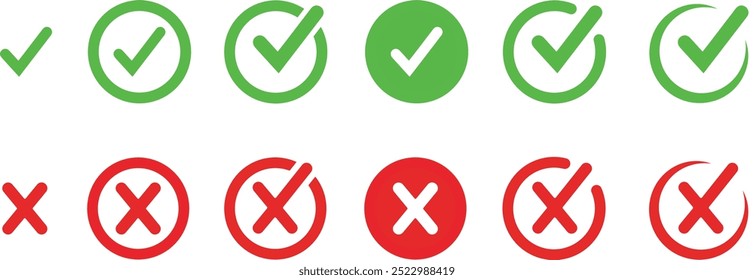 Ícone de marca de seleção. O voto correto escolhe o símbolo isolado. Ilustração de vetor. Ícone do vetor da marca de seleção. Ilustração de marca de seleção. Símbolos vetoriais definidos, marca de seleção verde isolada no plano de fundo branco.