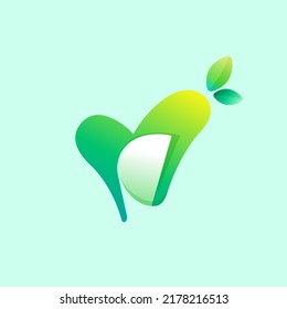 Check mark icon with curled corner and green leaves. Negative space style emblem. Colorful gradient note paper. Vector origami sign for ecology logo, waste recycling design, healthy food packaging.