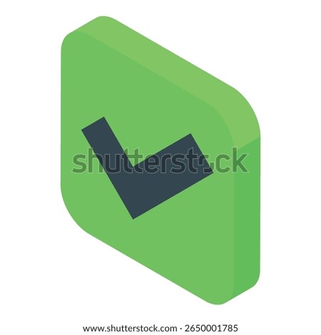 Check mark icon displayed on a green rounded square button, representing confirmation and validation in an isometric view