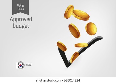 Check mark icon with flying south korean won coins, finance concept.
