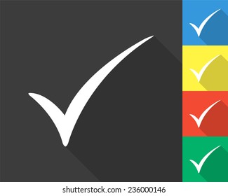 check mark icon - gray and colored (blue, yellow, red, green) vector illustration with long shadow