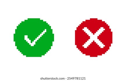 Check Mark Icon. Green Check and Red Cross Icon in Pixel Art Style. Check Box Icon with Right and Wrong Circle Buttons. Isolated Vector Illustration.