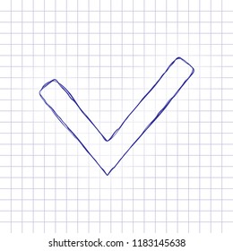 Check mark icon. Hand drawn picture on paper sheet. Blue ink, outline sketch style. Doodle on checkered background