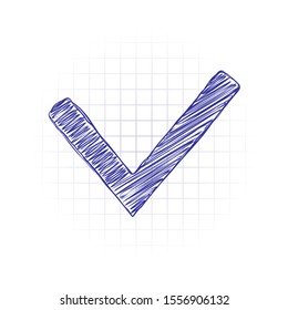 Check mark icon. Hand drawn sketched picture with scribble fill. Blue ink. Doodle on white background