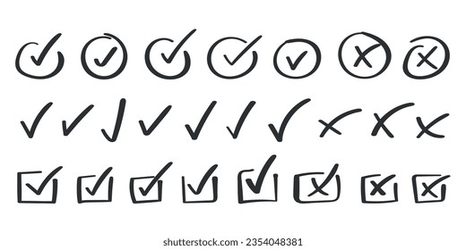 Check mark icon in hand drawn style. Handmade doodle vector illustration on isolated background. Cross, circles, arrow mark sign business concept.