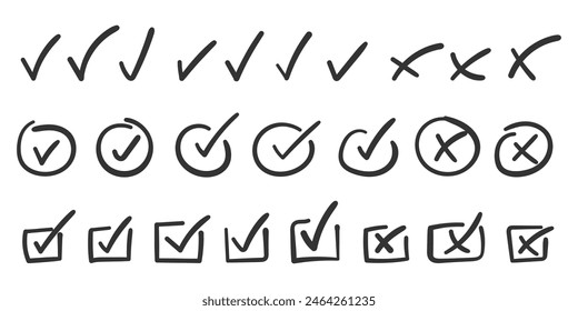 Check mark icon in hand drawn style. Handmade doodle vector illustration on isolated background. Cross, circles, arrow mark sign business concept.