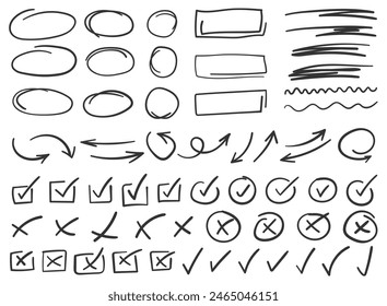 Check mark icon in hand drawn style. Handmade doodle vector illustration on isolated background. Cross, circles, arrow mark sign business concept.