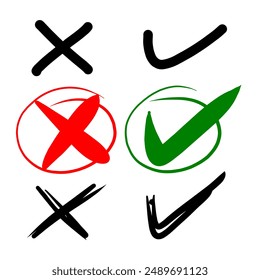 Check mark icon in hand drawn style. Handmade doodle vector illustration on isolated background. 