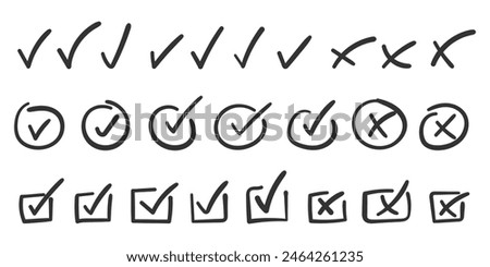 Check mark icon in hand drawn style. Handmade doodle vector illustration on isolated background. Cross, circles, arrow mark sign business concept.