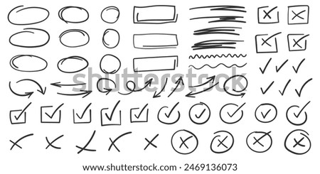 Check mark icon in hand drawn style. Handmade doodle vector illustration on isolated background. Cross, circles, arrow mark sign business concept.