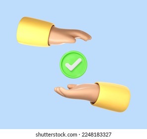 Check mark icon hanging over hands. Hands hold a done sign. Success concept on blue background. Vector 3d illustration