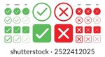 Check mark icon illustrate with right or wrong icons, green tick and red cross checkmarks, yes or no sign, true or false icon and approved or rejected icon. Flat vector illustration.