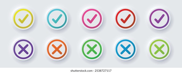 Check mark icon illustrate with right or wrong colorful icons, green tick and red cross checkmarks, yes or no sign, true or false icon and approved or rejected icon. Flat vector illustration.