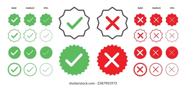 Check mark icon illustrate with right or wrong icons, green tick and red cross checkmarks, yes or no sign, true or false icon and approved or rejected icon. Flat vector illustration.