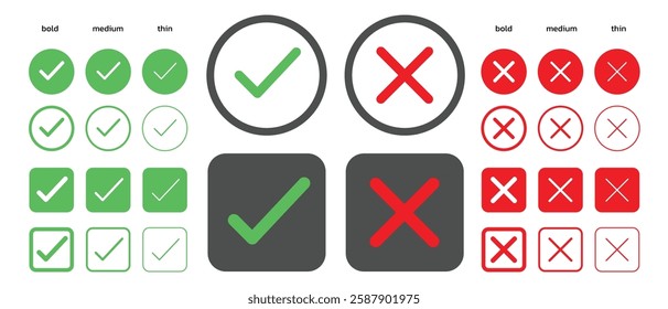 Check mark icon illustrate with right or wrong icons, green tick and red cross checkmarks, yes or no sign, true or false icon and approved or rejected icon. Flat vector illustration.