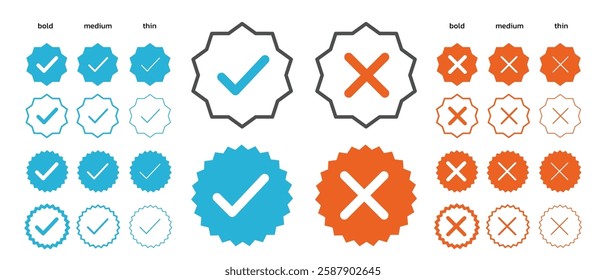 Check mark icon illustrate with right or wrong icons, blue tick and orange cross checkmarks, yes or no sign, true or false icon and approved or rejected icon. Flat vector illustration.