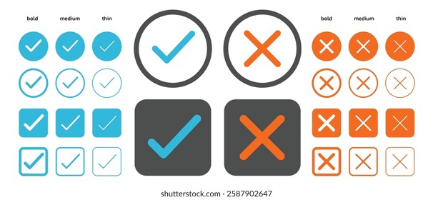 Check mark icon illustrate with right or wrong icons, blue tick and orange cross checkmarks, yes or no sign, true or false icon and approved or rejected icon. Flat vector illustration.