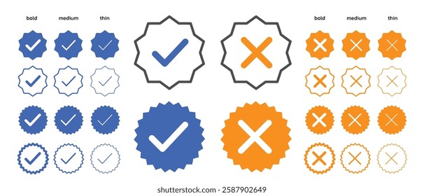 Check mark icon illustrate with right or wrong icons, blue tick and orange cross checkmarks, yes or no sign, true or false icon and approved or rejected icon. Flat vector illustration.