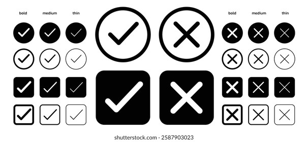 Check mark icon illustrate with right or wrong icons, tick and cross checkmarks, yes or no sign, true or false icon and approved or rejected icon. Black and white flat vector illustration.