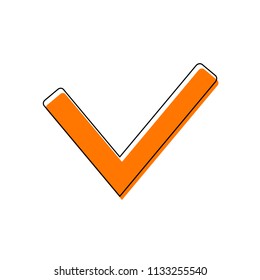 Check mark icon. Isolated icon consisting of black thin contour and orange moved filling on different layers. White background