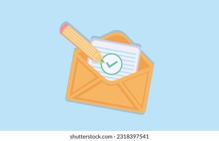 Marcar el icono en el sobre de letras con lápiz. Documento o correo electrónico confirmado. Papel aprobado. Icono de caricatura realista.
