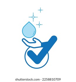 Check mark icon merged with hand got clean water drop as a gimmick of clean water is a human right.
Vector illustration outline flat design style.