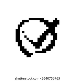 A check mark icon in mosaic pixel art style, featuring retro sprite aesthetics and bold comic lines.