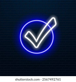 Check mark icon neon electrical line glowing blue color sign 4k illustration. neon light animation glowing check mark icon and tick mark icon isolated.