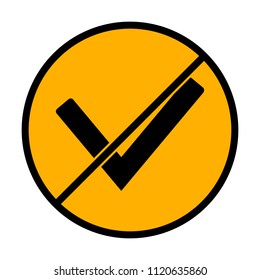 Check mark icon. not allowed, black object in warning sign with orange background color