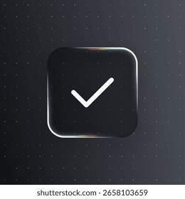 Icono de marca de verificación en el Botón de Vector de vidrio líquido negro con brillo colorido. Elemento de diseño de interfaz moderno creativo.