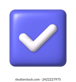 Check mark icon on purple square button. 3d cartoon design element. Vector illustration.