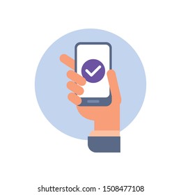 check mark icon on smartphone screen. Hand holding smart phone