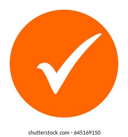 Check mark icon in orange circle. Tick symbol in orange and white color, vector illustration.