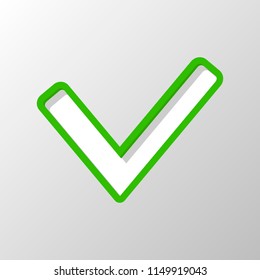 Check mark icon. Paper style. Cut symbol with green bold contour on shape and simple shadow