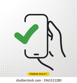 Check mark icon. With phone and hand icon