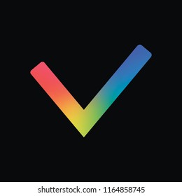 Check mark icon. Rainbow color and dark background