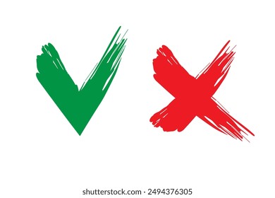 Check mark icon. Red cross symbol. Brush stroke vector. Green and red elements.